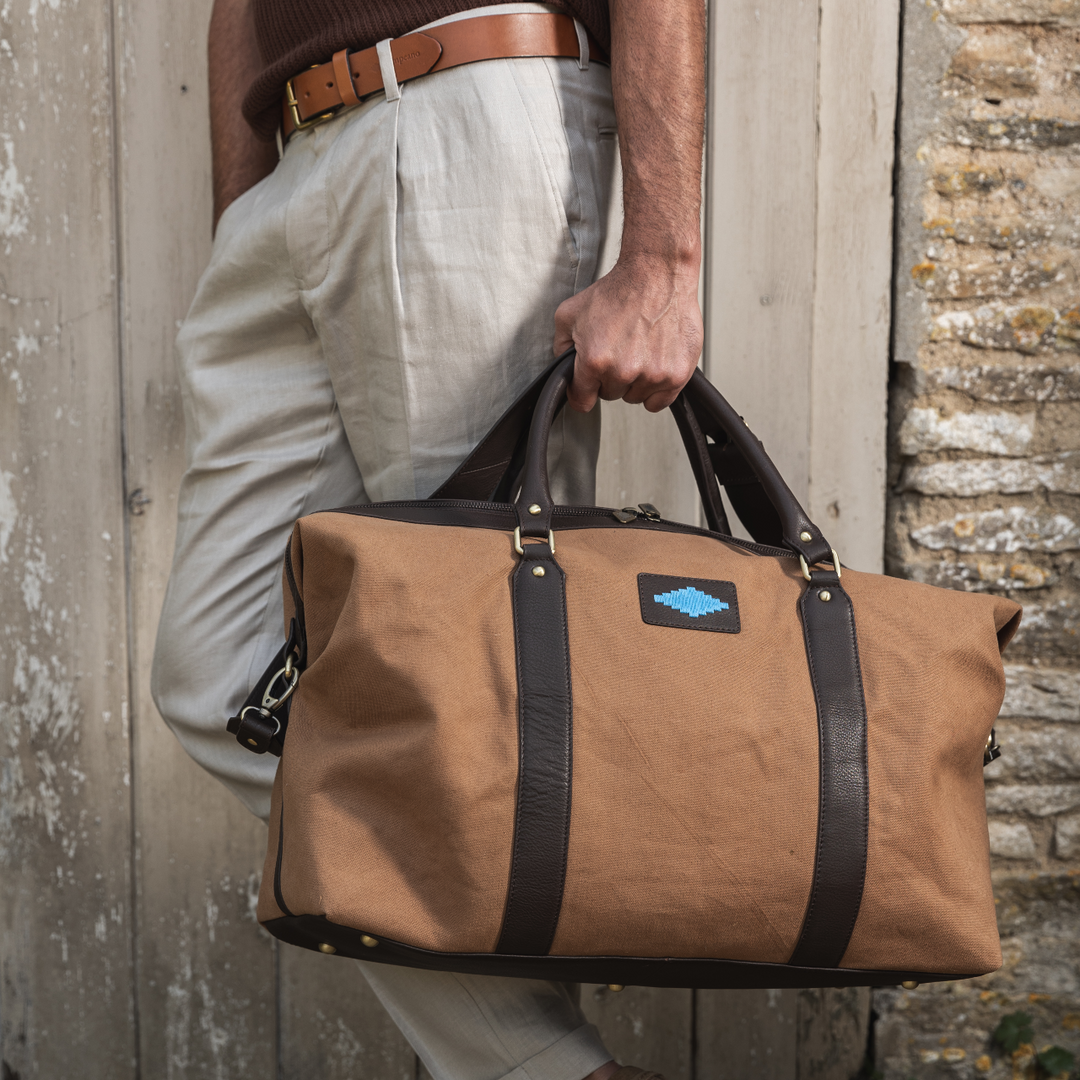 'Caballero' Large Travel Bag - Brown Leather and Khaki Canvas - pampeano UK