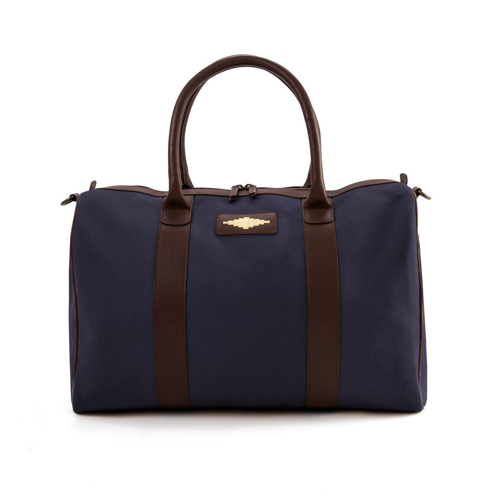 'Varon' Small Travel Bag - Brown Leather and Navy Canvas - pampeano UK