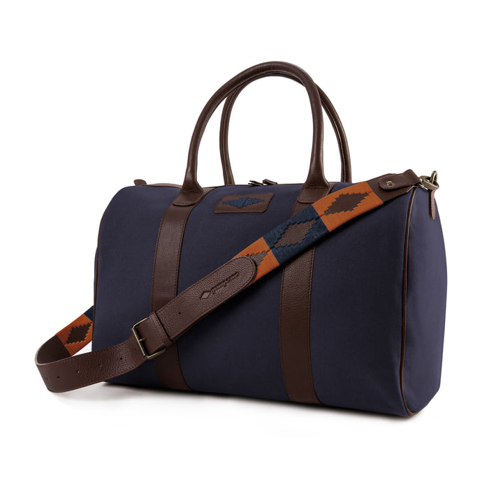 'Varon' Small Travel Bag - Brown Leather and Navy Canvas - pampeano UK