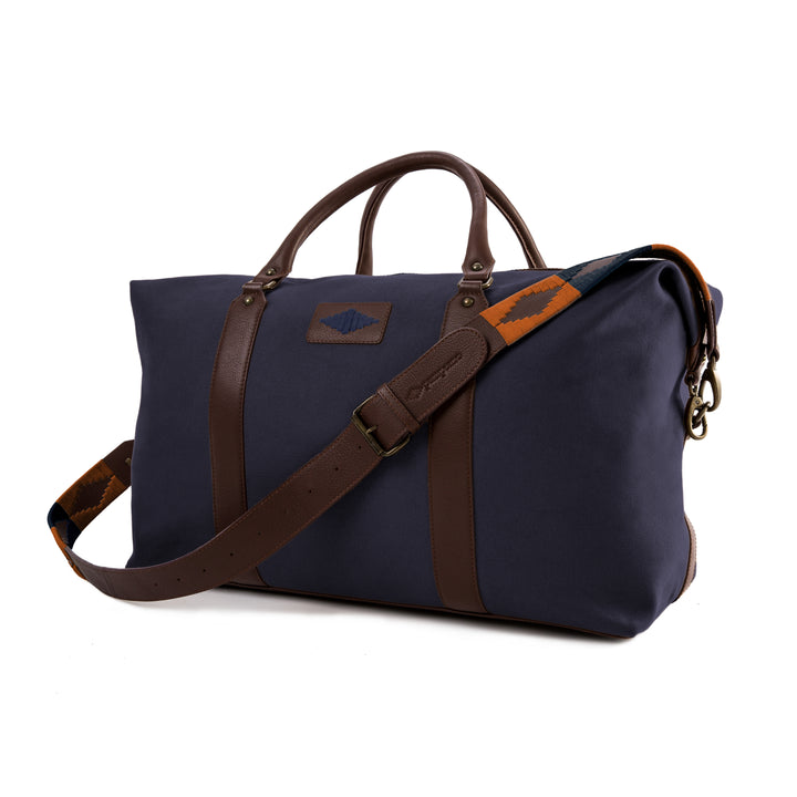 'Caballero' Large Travel Bag - Brown Leather and Navy Canvas - pampeano UK